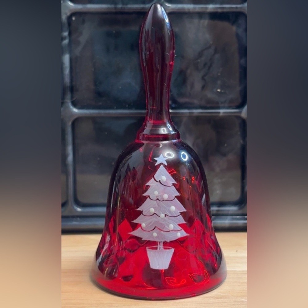 Vintage Fenton Ruby Red Christmas Tree Hand-Painted Bell-Signed by L Watson